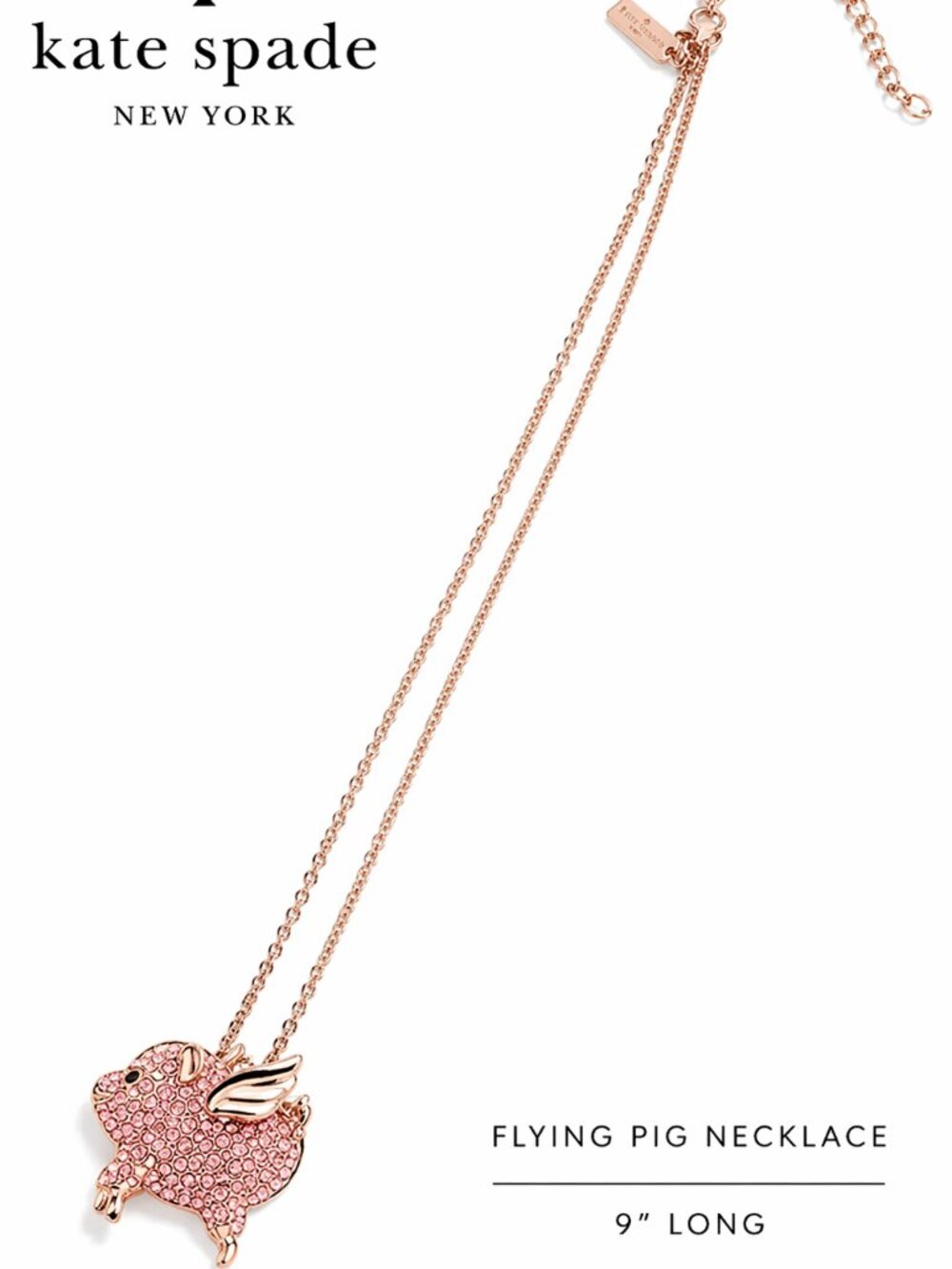 Kate Spade Flying Pig Necklace Rose Gold Crystal Pendant 9” | Cute Novelty Charm - Picture 2 of 6